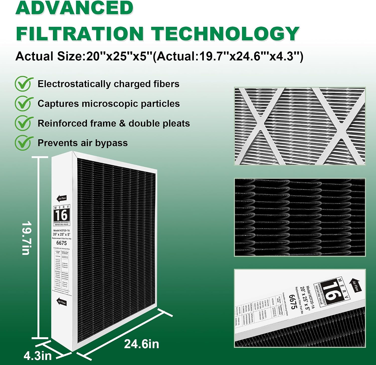 X6675 20x25x5 in. MERV 16 HVAC Furnace Air Filter, 2-PACK | Carbon-Infused, Fits Lennox X6675 & HCC20-28 Furnace HVAC