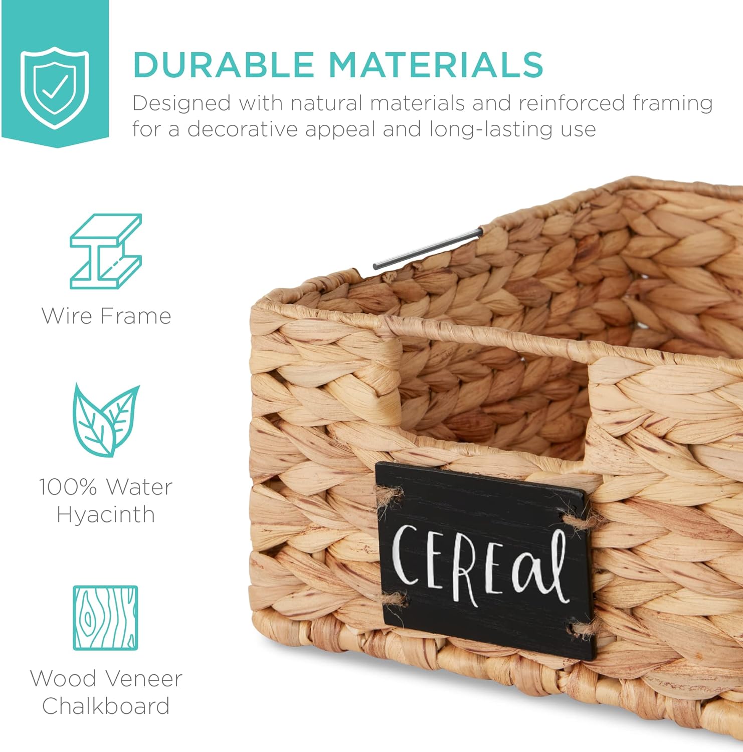 Set of 4 9x12in Water Hyacinth Pantry Baskets, Woven Organizers w/Chalkboard Label, Chalk Marker - Natural