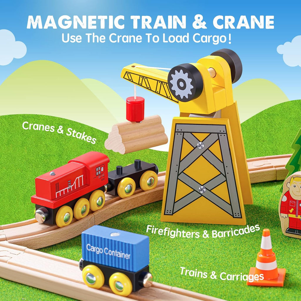 55PCS Wooden Train Set, Durable Wooden Railway Tracks | Compatible with Major Brand Tracks, Educational Toy for