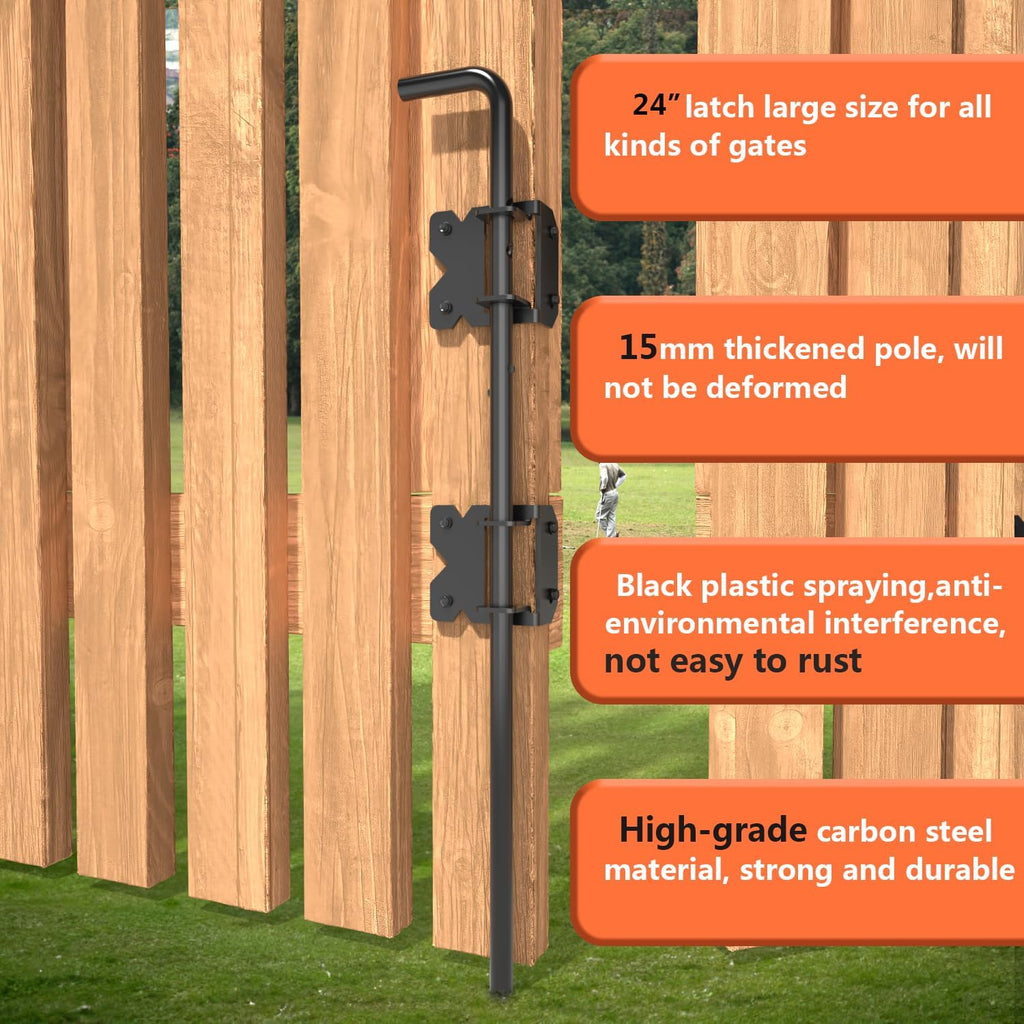 Self Closing Fence Hinges, 24" Drop Rod Cane Bolt for Gates - Easy to Install- Heavy Duty Gate Stopper Hardware for