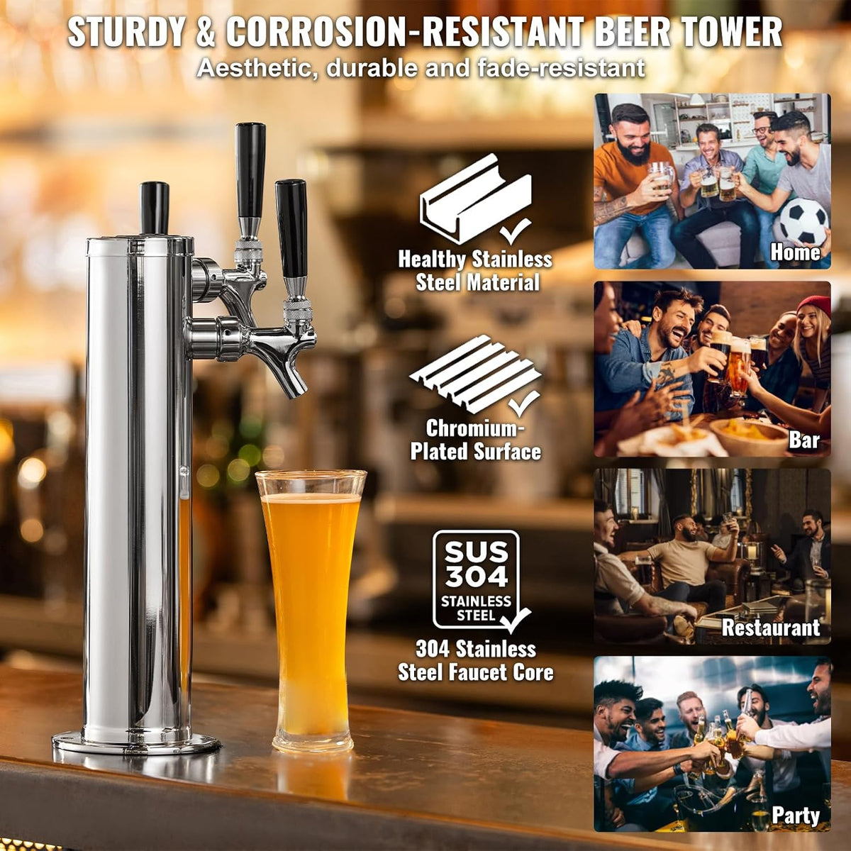 Triple Taps Draft Beer Tower Dispenser, Stainless Steel Keg Beer Tower, Kegerator Tower Kit with Pre-Assembled Tubing