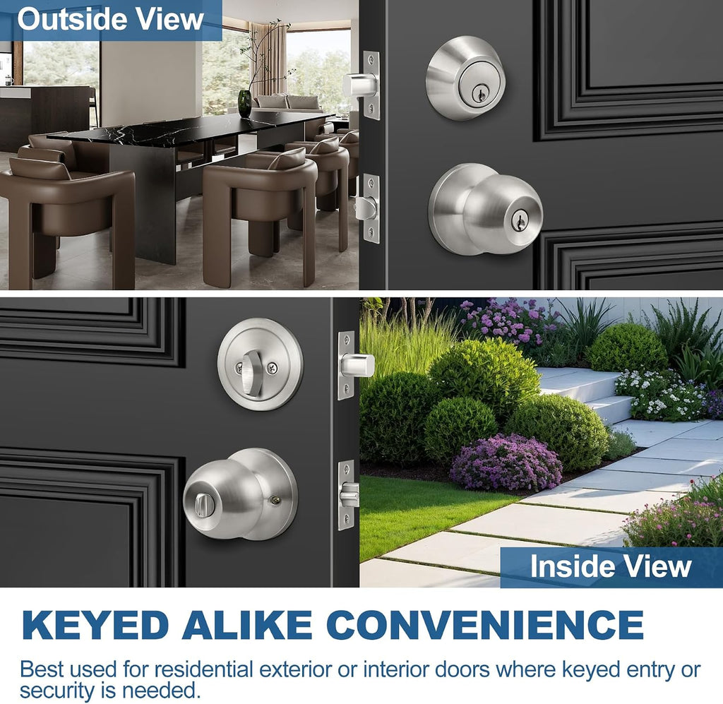 2 Pack Keyed Same Exterior Door Knobs and Single Cylinder Deadbolts Combo Set, Keyed Alike Entry Door Knobs with