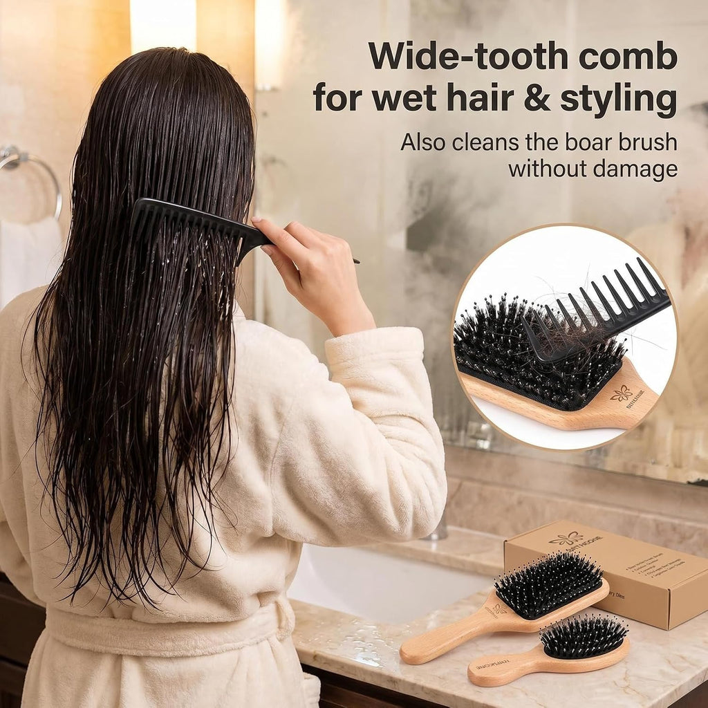 Boar Bristle Hair Brush and Comb Set for Women Men Kids, Best Natural Wooden Paddle Hairbrush and Small Travel
