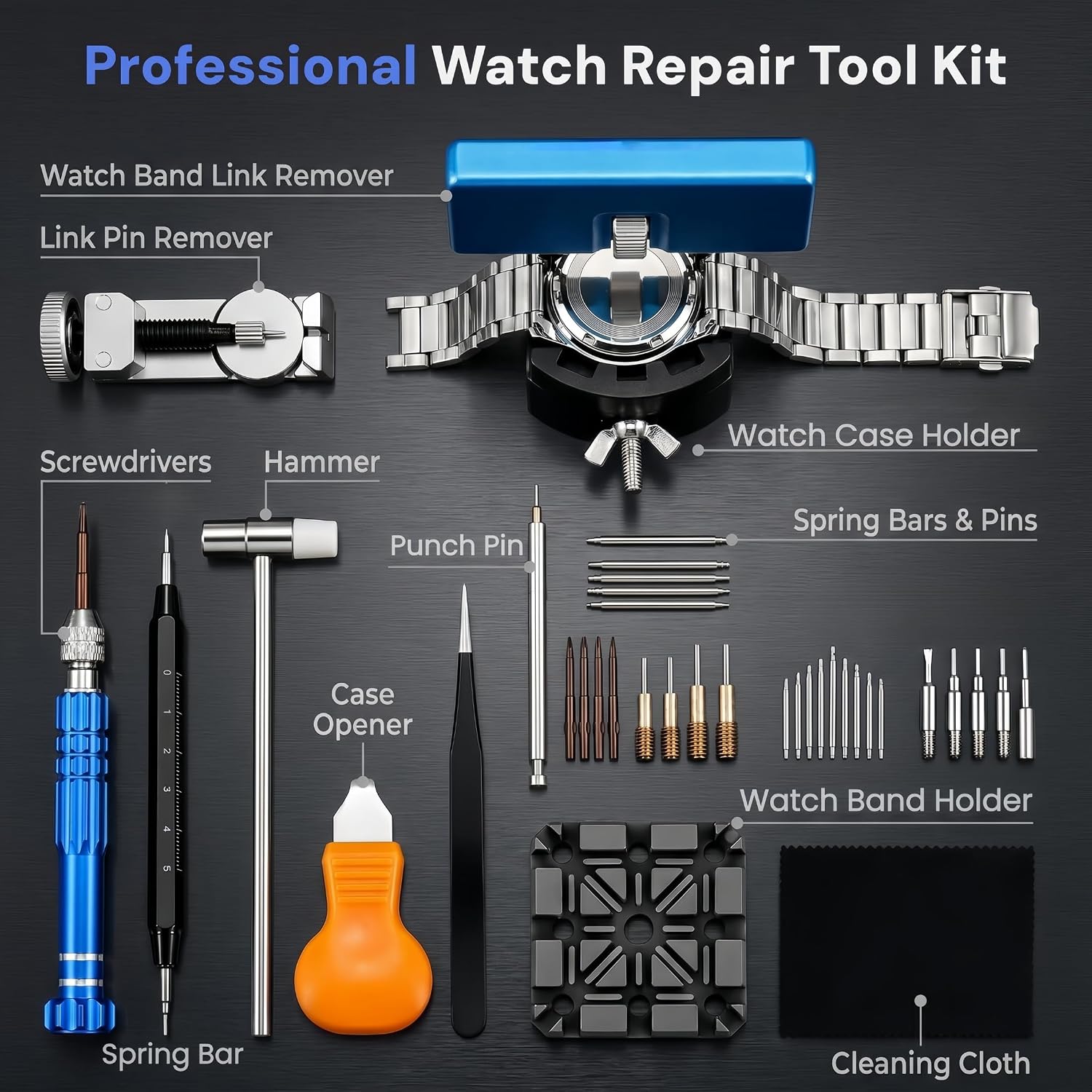 Watch Battery Replacement Tool Kit with Spring Bars, 5-in-1 Precision Screwdriver, Adjustable Back Case Opener
