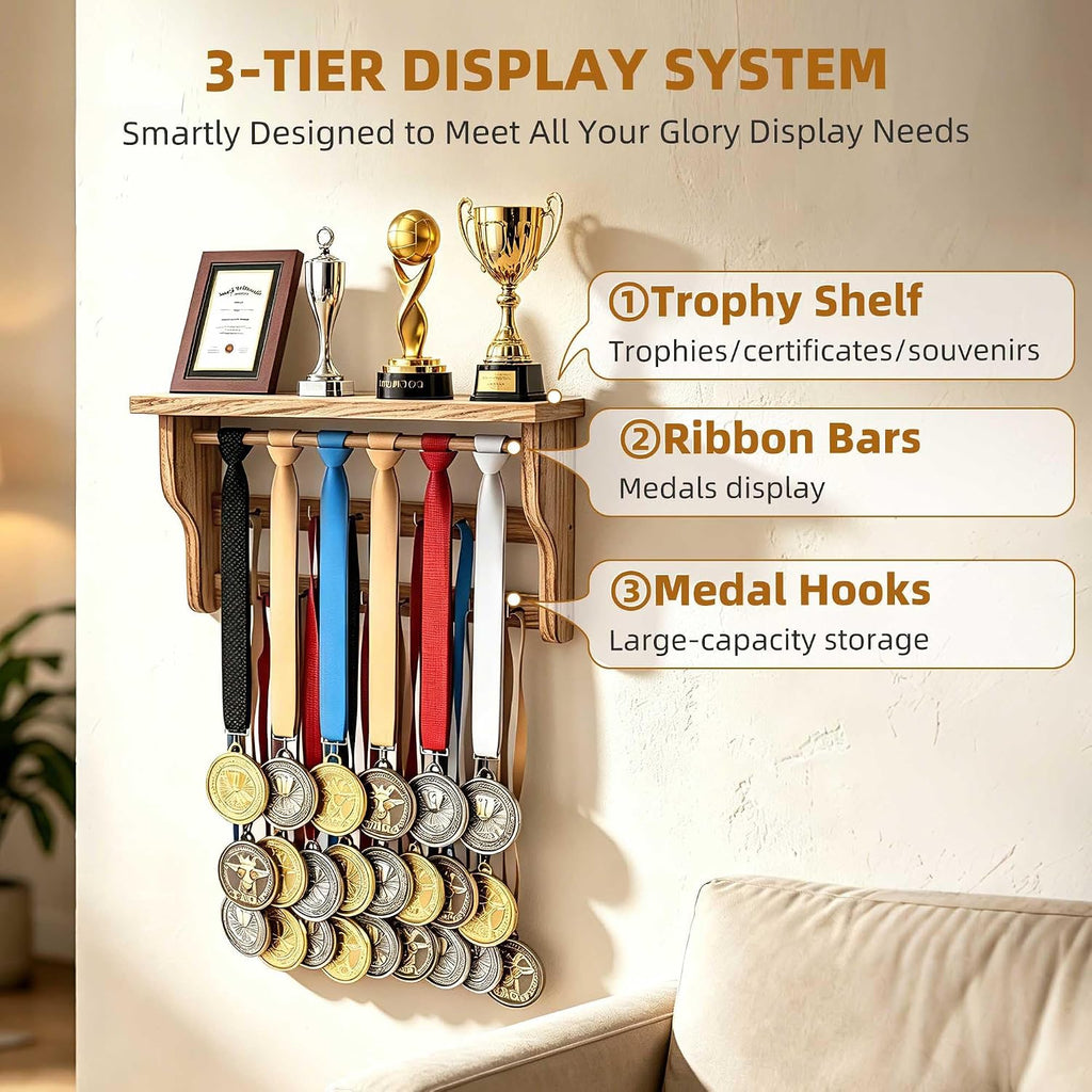 Medal Hanger Display, Large Capacity Trophy and Medal Display Shelf | Natural Solid Wood, Anti-Slip Groove, Widening