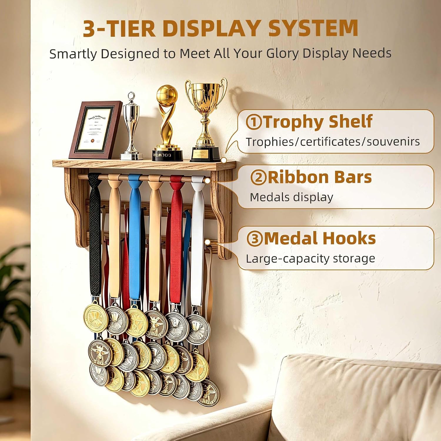 Medal Hanger Display, Large Capacity Trophy and Medal Display Shelf | Natural Solid Wood, Anti-Slip Groove, Widening