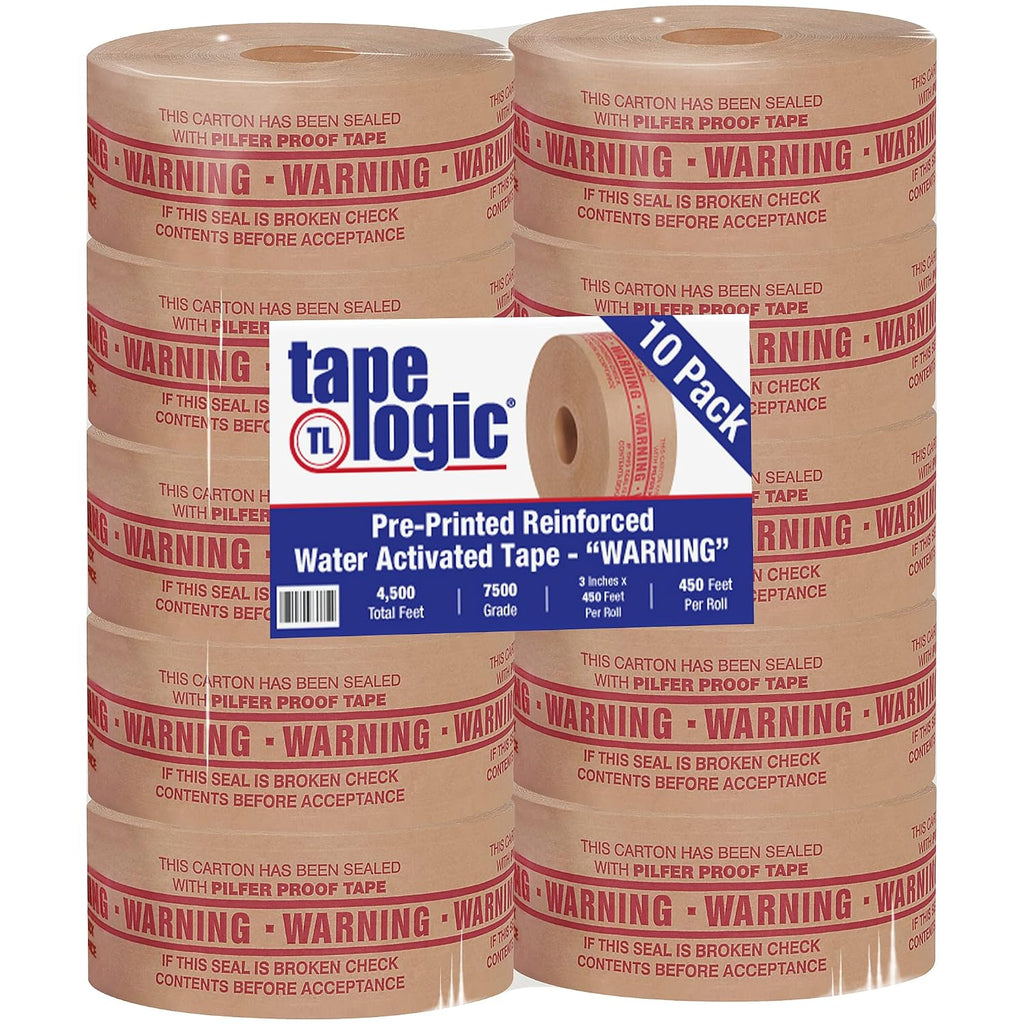Tape Logic #7500 Pre-Printed Reinforced Water Activated Tape, Warning", 3" x 450'