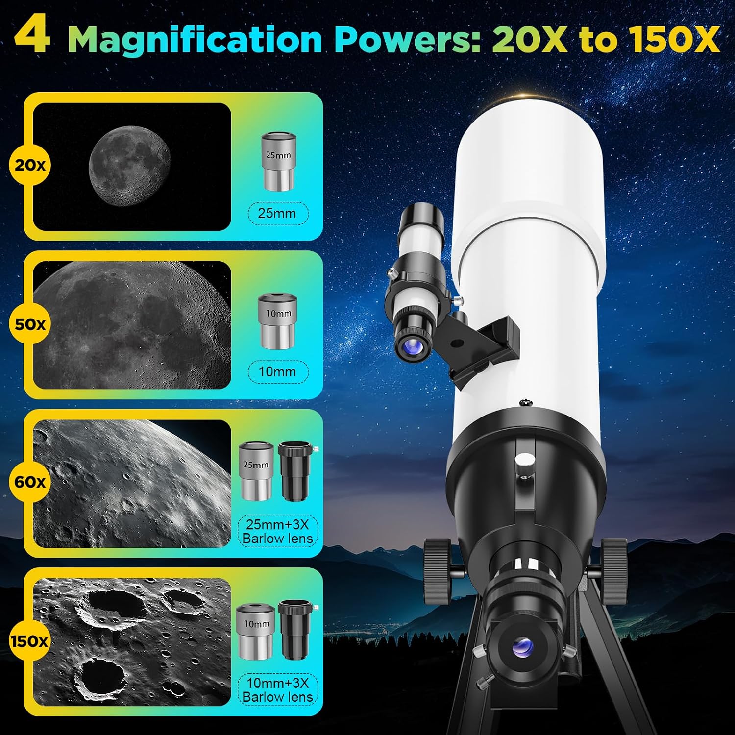 90mm Refractor Telescope for Adults & Kids: 150X Scope with 133cm Tripod | 90mm Large Aperture, Fully Multi-Coated