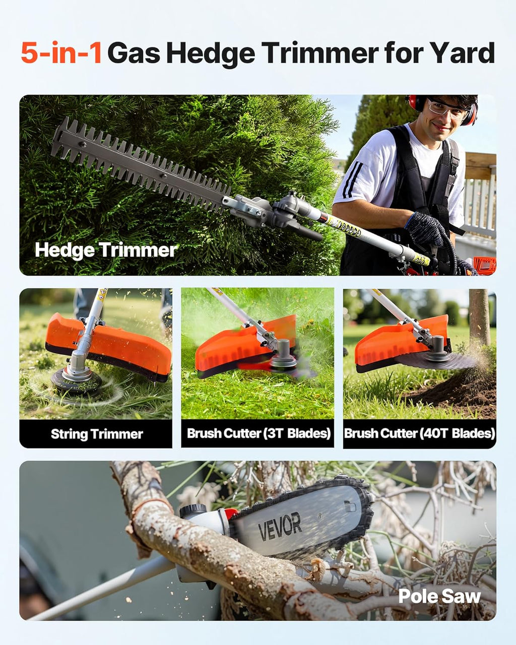Gas Hedge Trimmer 2 Cycle 63 cc 5-in-1 Gas Power Handheld Cutter | Cordless Weed Eater with Protective Gear Set