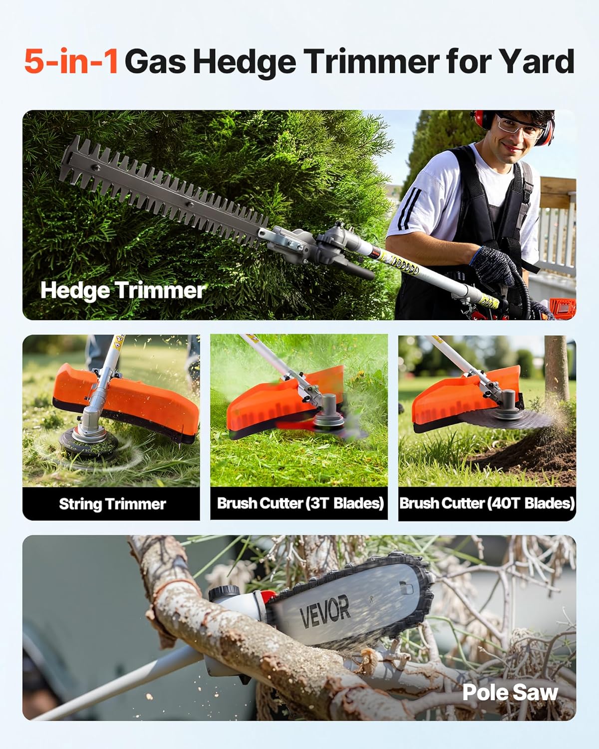 Gas Hedge Trimmer 2 Cycle 63 cc 5-in-1 Gas Power Handheld Cutter | Cordless Weed Eater with Protective Gear Set