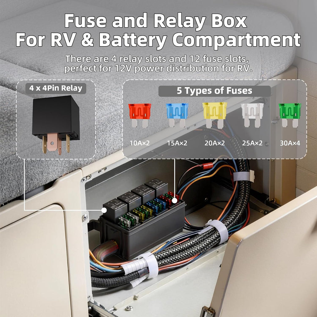 Waterproof 12v Fuse Relay Box 12 ATO/ATC Fuse and 4 Way Relay Block with Pre-Wired Harness for Marine, Automotive Car