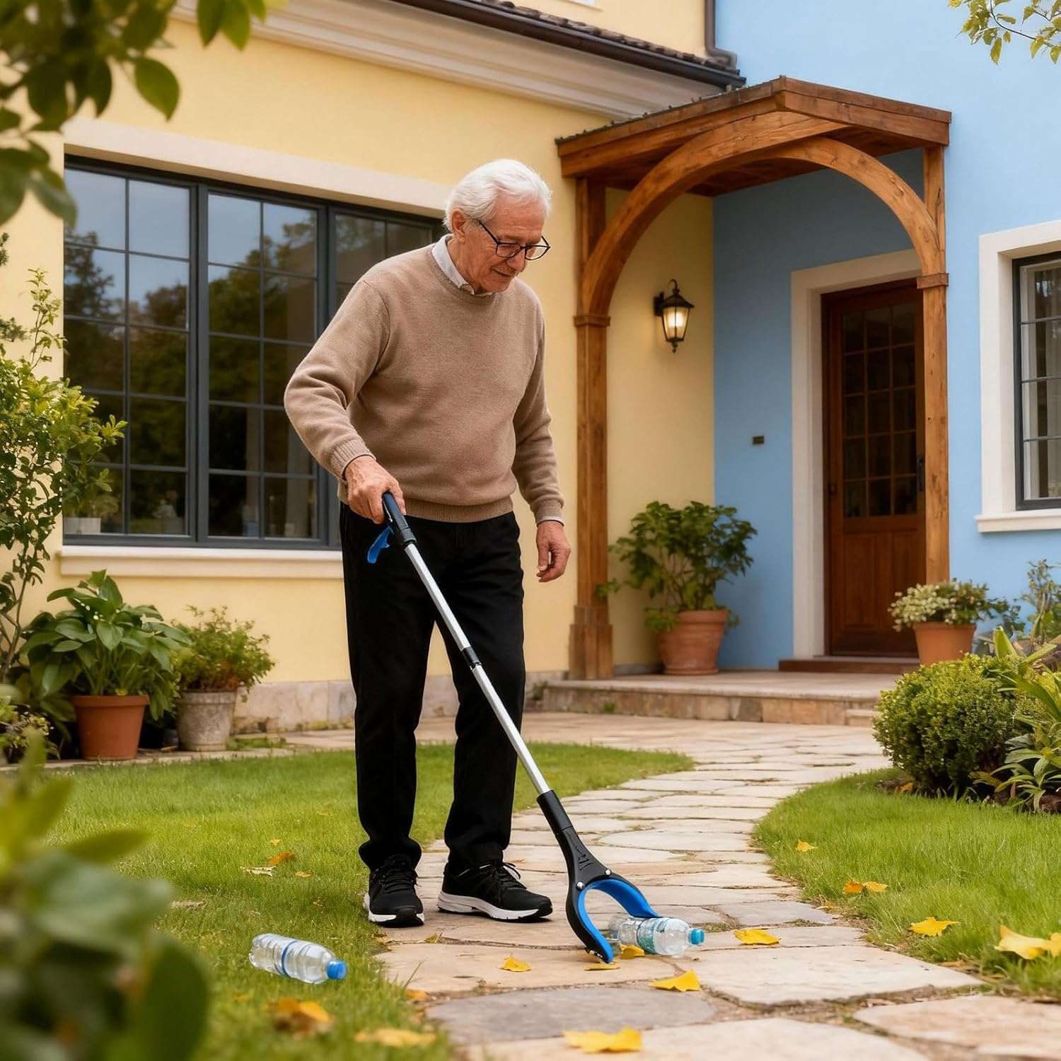 Assistive Device No Bending Kit for Elderly -Sock Aids, Foldable Reacher Grabber with 360° Rotating Jaw & Magnet