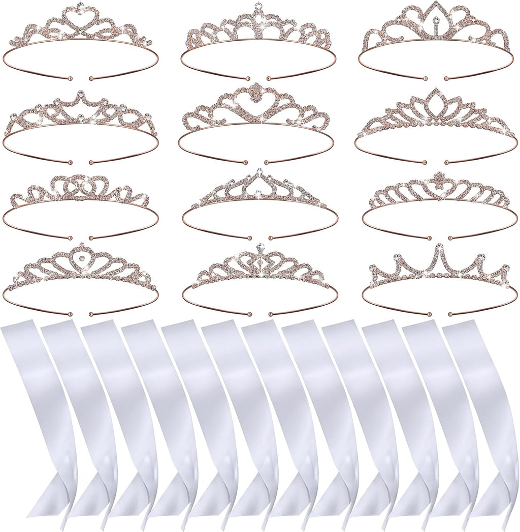 12 Set Crown and Sashes Set Blank Satin Sashes for Pageants Rhinestone Prom Queen Tiara Crown White Blank DIY for