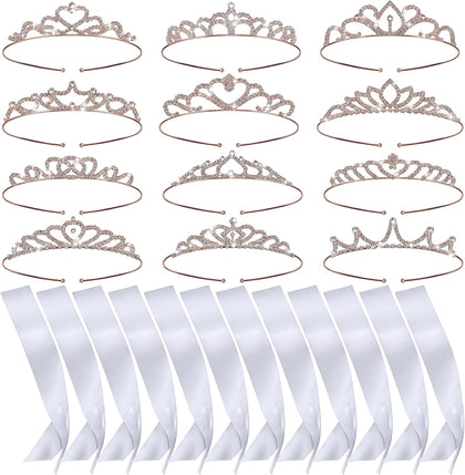 12 Set Crown and Sashes Set Blank Satin Sashes for Pageants Rhinestone Prom Queen Tiara Crown White Blank DIY for