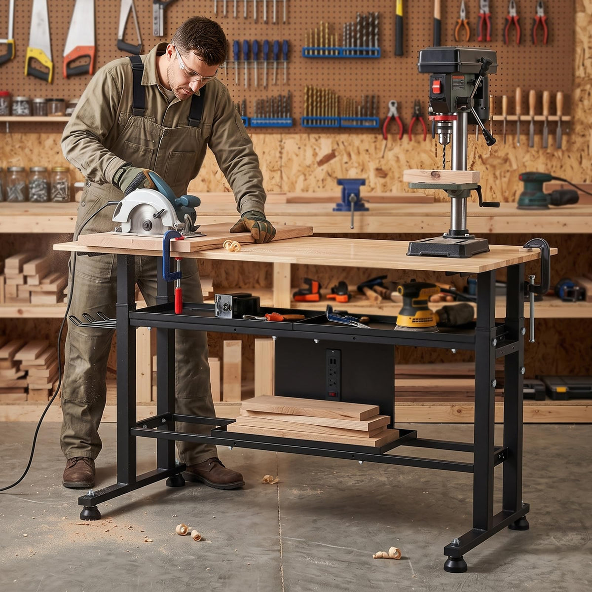 Adjustable Workbench, 48’’ Work Bench with Power Outlet and Storage