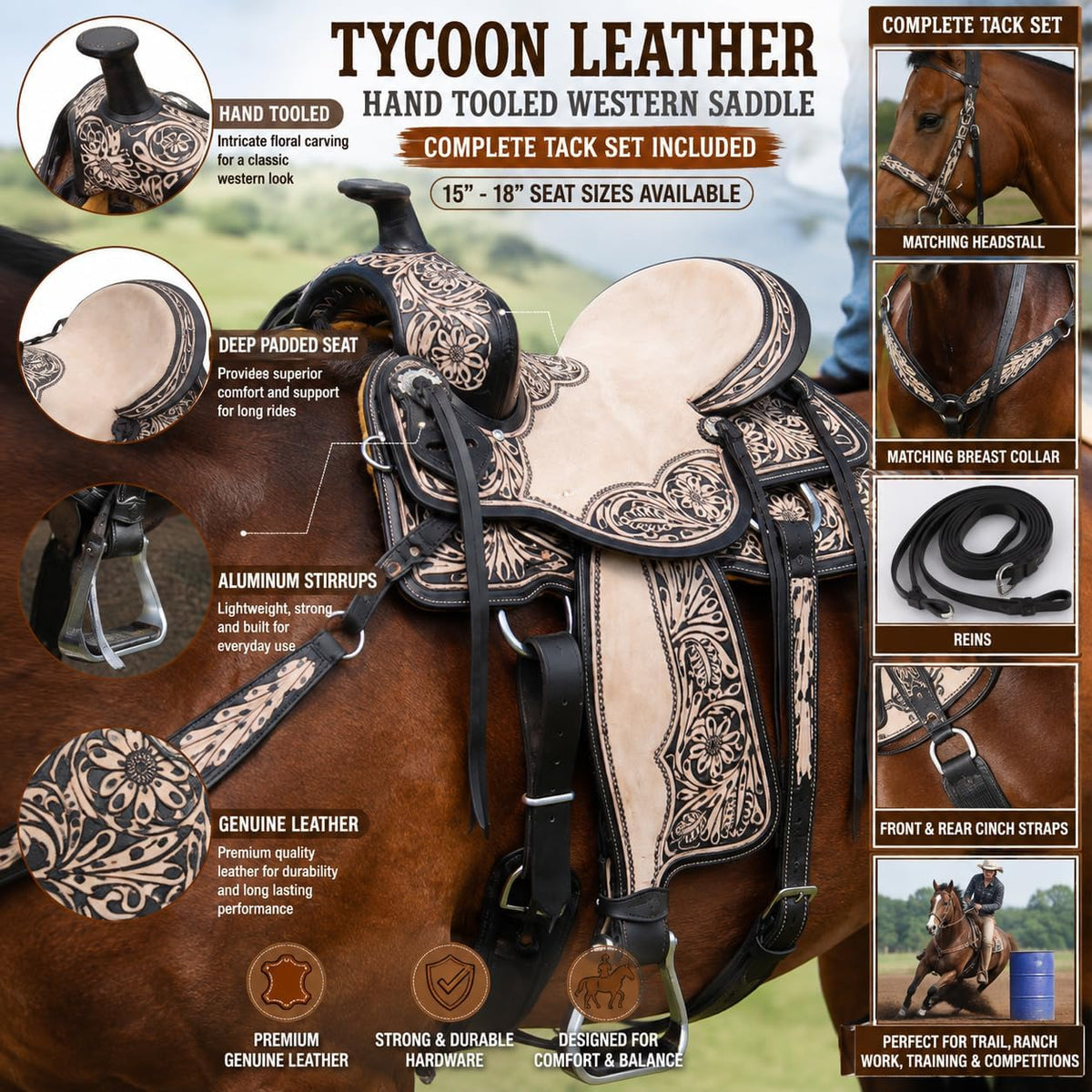 Hand Tooled Western Horse Saddle with Tack Set Genuine Leather Trail Ranch Barrel Racing Saddle Floral Carved 15-18 Inch