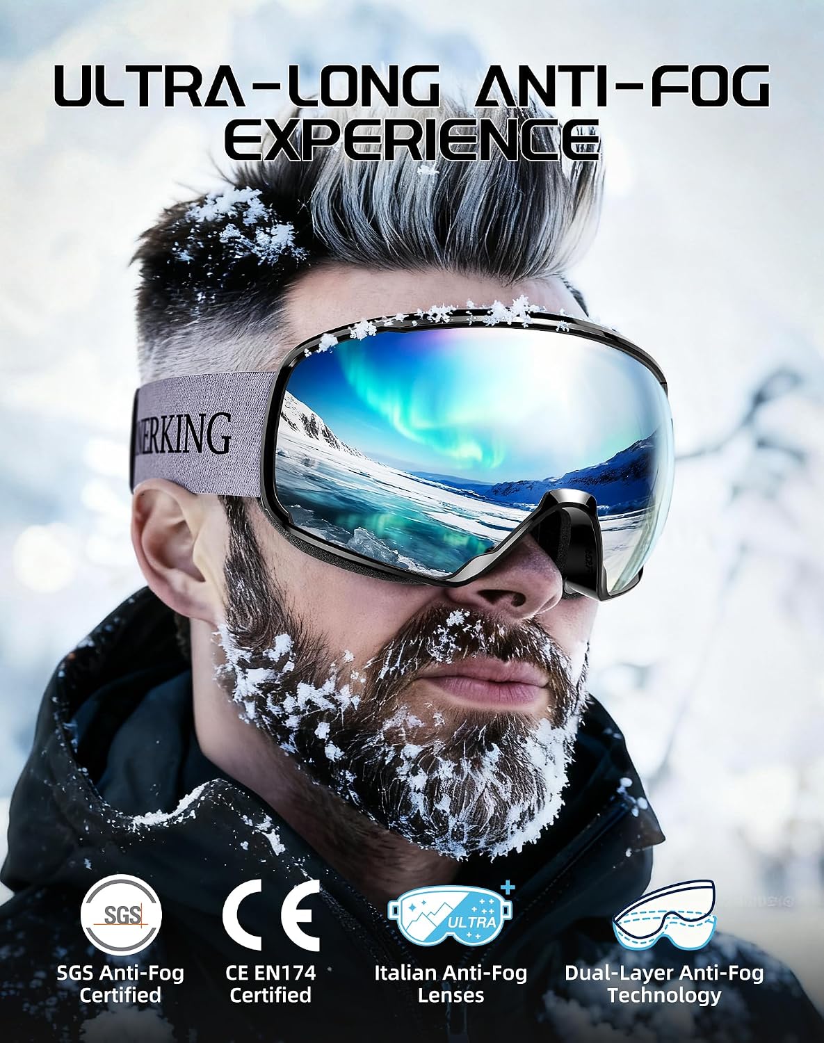 OTG Ski Goggles, Anti-Fog Snowboard Goggles for Men & Women | SGS-certified anti-fog lenses, OTG over-glasses design