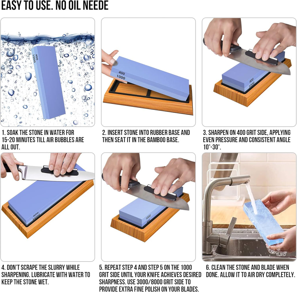 Whetstone Knife Sharpening Stone Set, Double-Sided Grit 400/1000 3000/8000 | Complete Knife Sharpener Stone Kit with