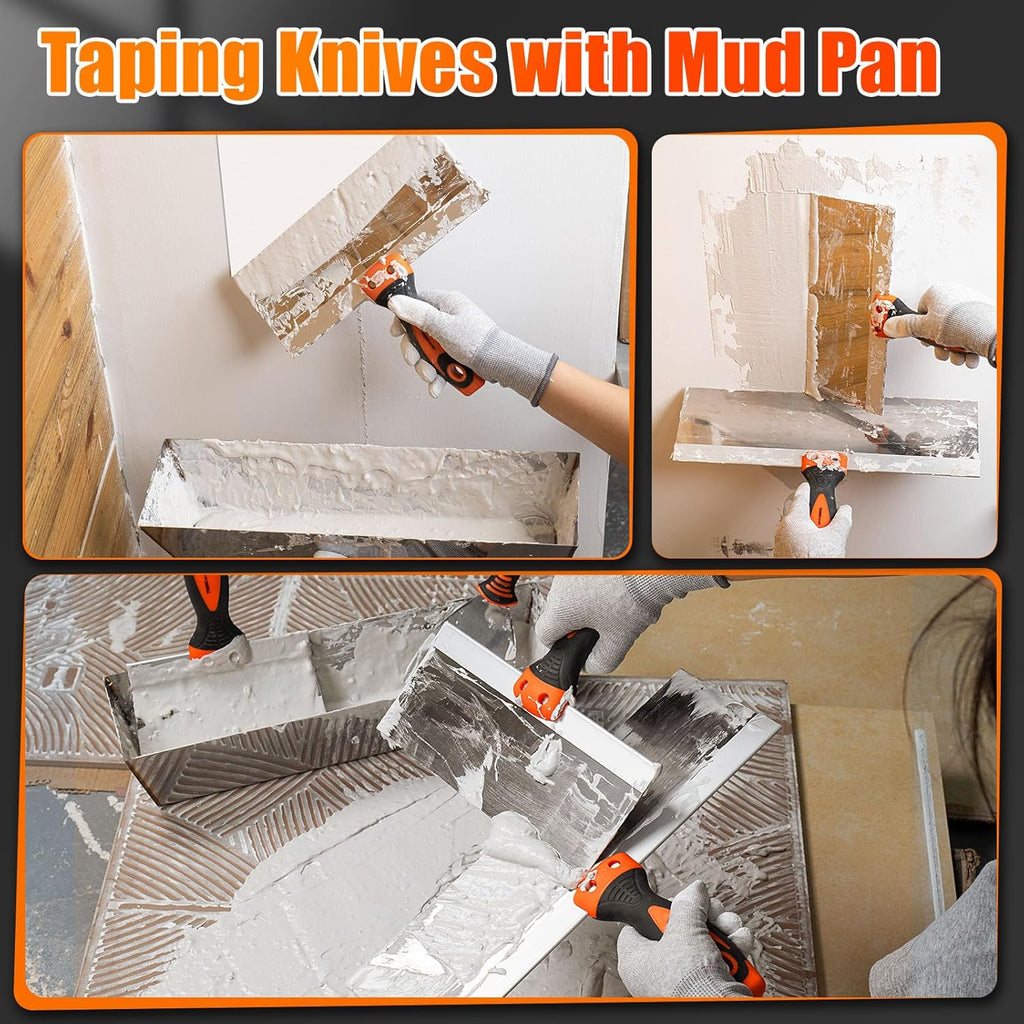 Drywall Knife Set, 10Pcs Drywall Tools Kit | Putty & Taping Knives, Painter Scraper, 14" Drywall Mud Pan and Scoop