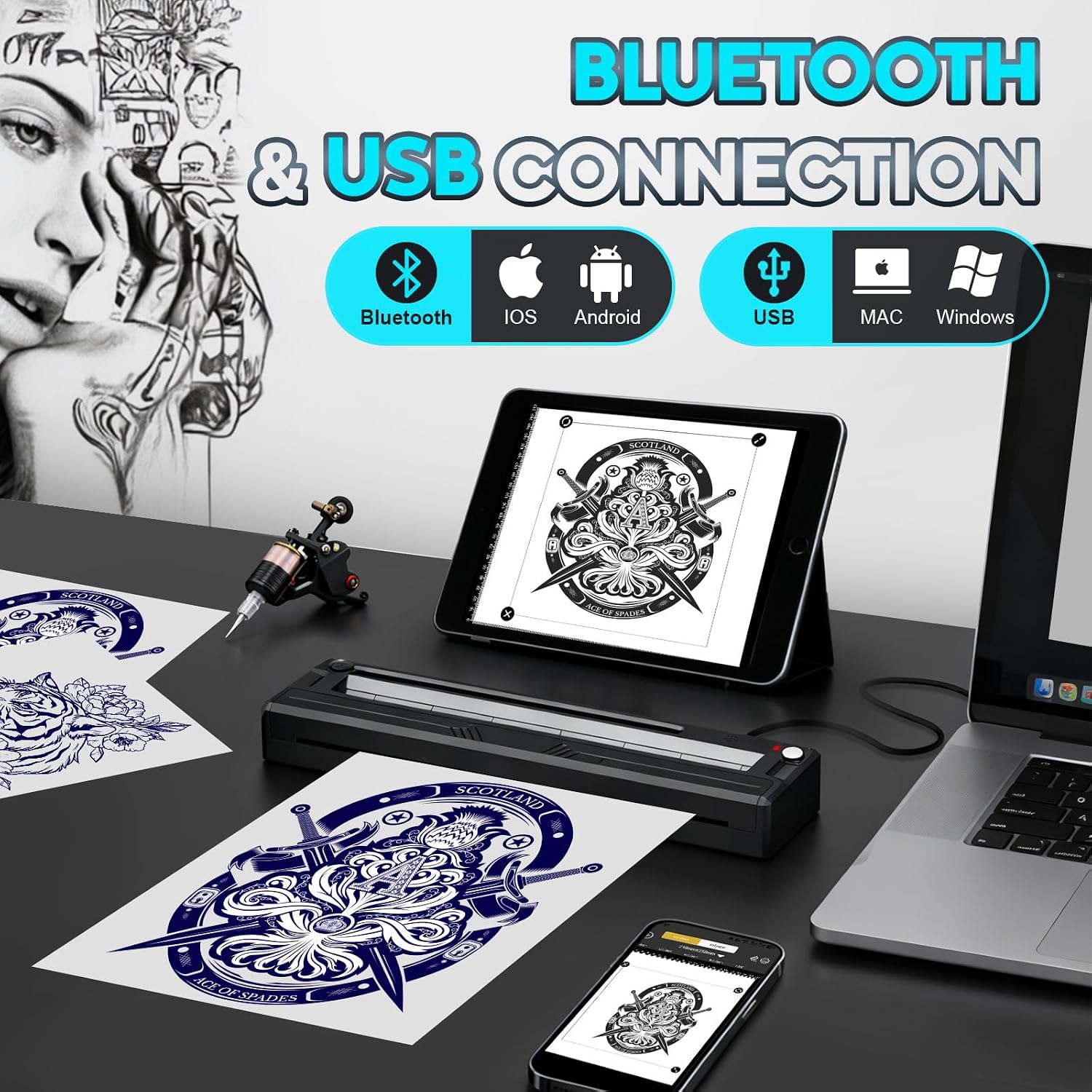 New Tattoo Stencil Printer - Fits A4-A8 Width Thermal Paper, Portable Wireless Bluetooth Thermal Tattoo Kit, Includes