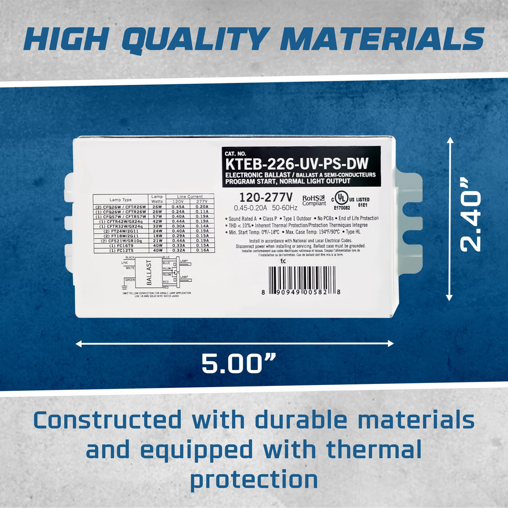 2 Lamp CFL Electronic Ballast, 26W, 120-277V, 2 Pack