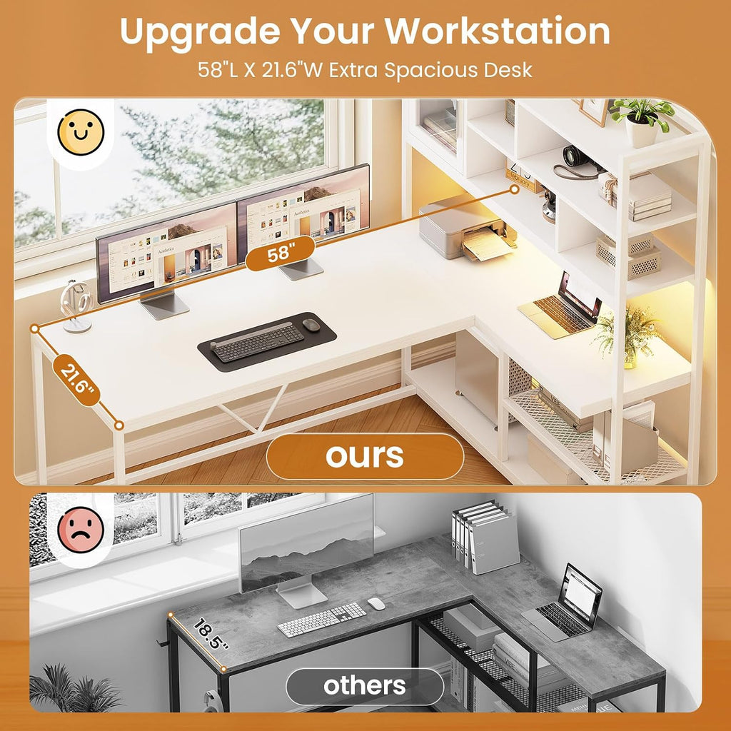 L Shaped Computer Desk, 58'' Office Desk with LED Light and Bookshelf, L Shaped Corner Desk with Storage Shelves for