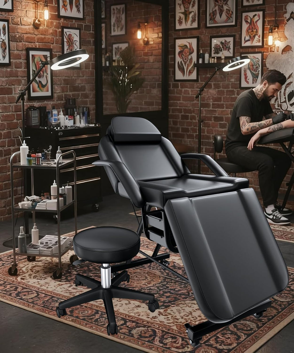 Black Tattoo Chair for Client with Hydraulic Rolling Stool, Tattoo Client Chair with Wheels Facial Chairs for