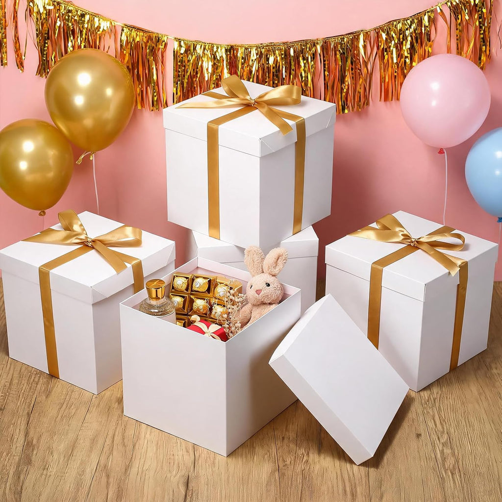 10 Pack White Gift Boxes with Lids and Gold Ribbons, 8.8 Inch