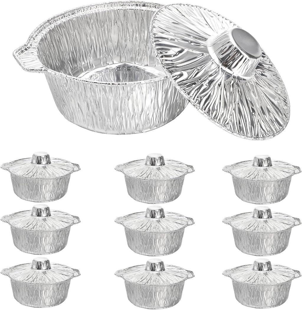 10 Pcs Disposable Aluminum Pot with LidS, Disposable 2 Liter Round Aluminum Foil Pan Food Container for Camping