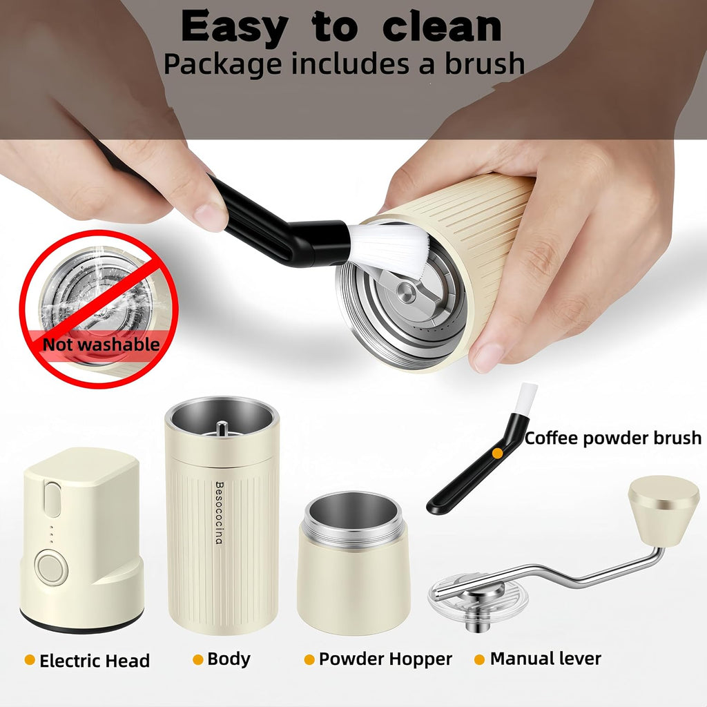 Burr Coffee Grinder 2-in-1 Manual/Electric, Milky | 40mm Stainless Steel Conical Burr, USB Rechargeable, 16 Grind
