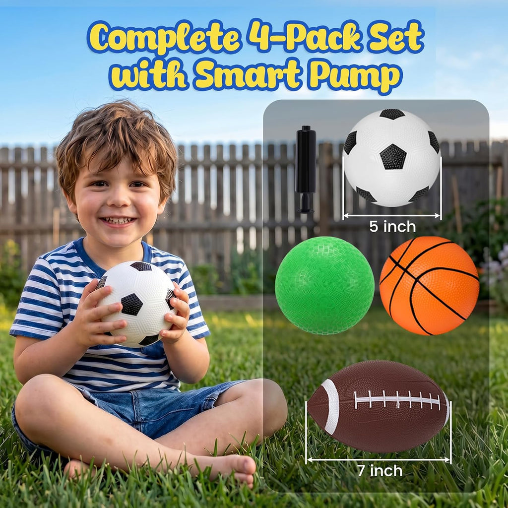 4-Pack Sports Balls, 5-Inch Soccer Ball, Basketball, Playground Balls & 7 Inches Footballs for Toddlers Adult, Party