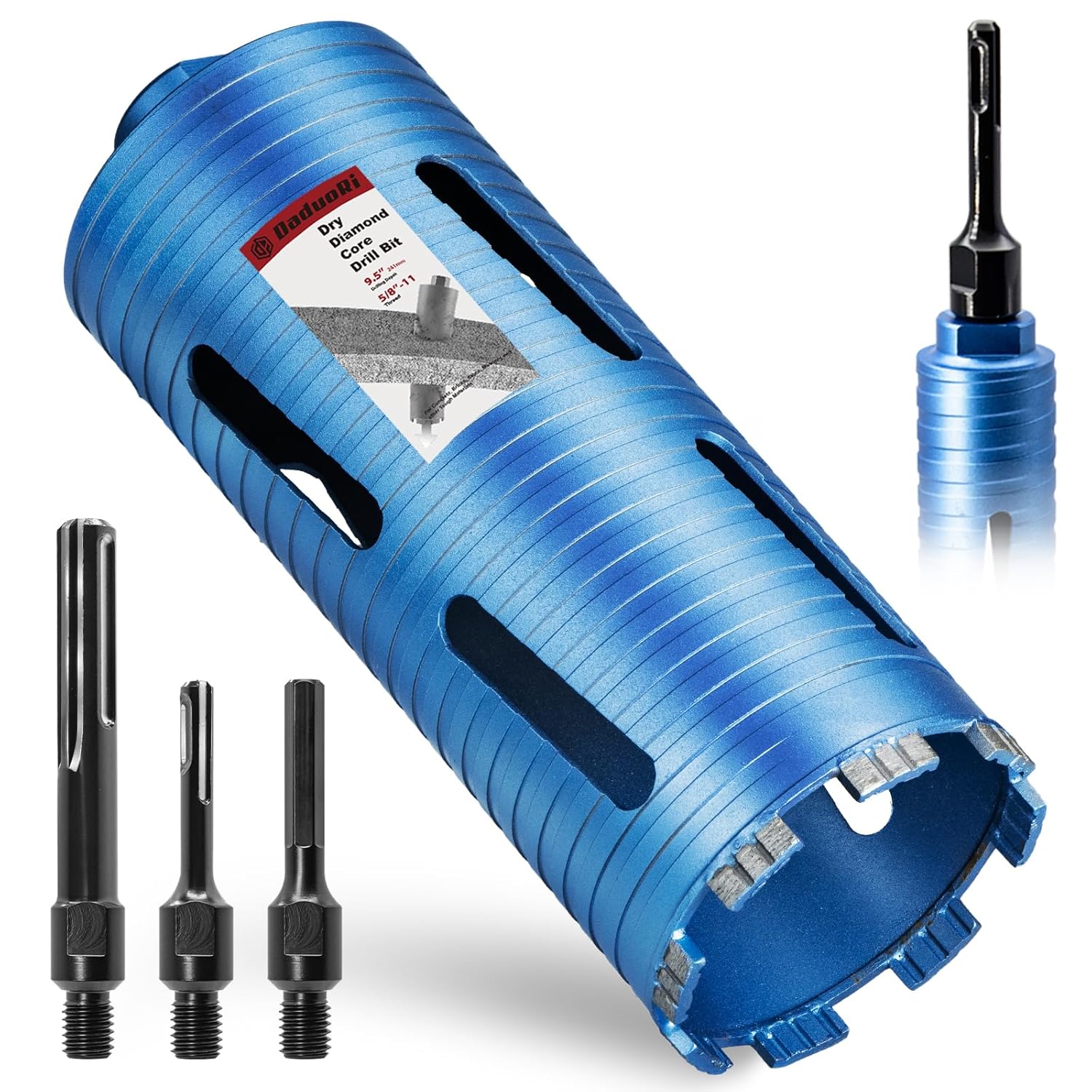 4" Dry Core Drill Bit, 5/8"-11 Thread, with 3 Adapters Included: SDS Plus, SDS Max and 1/2" Hex Shank - 9.5" Drilling