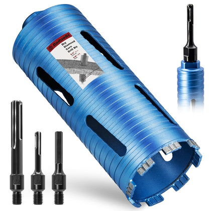 4" Dry Core Drill Bit, 5/8"-11 Thread, with 3 Adapters Included: SDS Plus, SDS Max and 1/2" Hex Shank - 9.5" Drilling