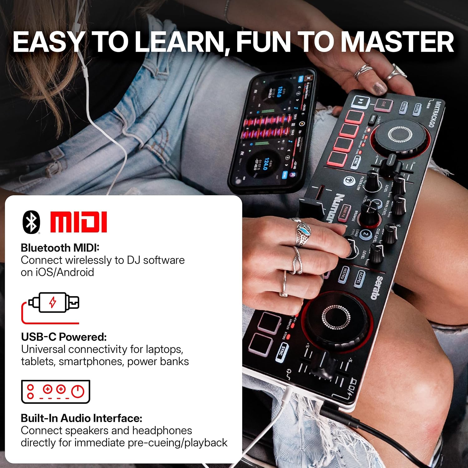 MixTrack Go Compact Bluetooth DJ Controller with Stems Control | 2-Deck DJ Mixer, for Beginners & Mobile DJs, Smart