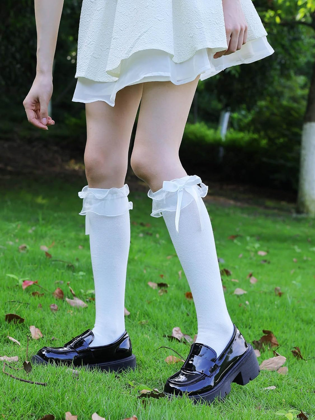 Women Girl's Cotton Knee High Socks with Lace Ruffle Trim Socks, Calf Socks Bow Style…