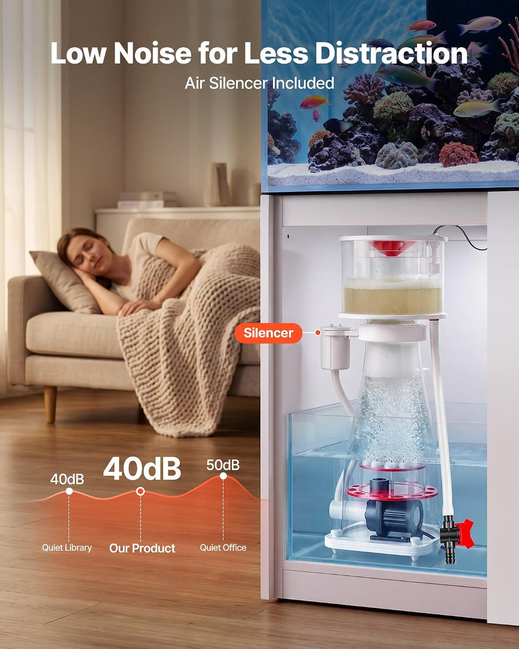 Protein Skimmer for 132-264 Gal Saltwater Aquariums In Sump with Pump, Protein Skimmer with DC Pinwheel Pump