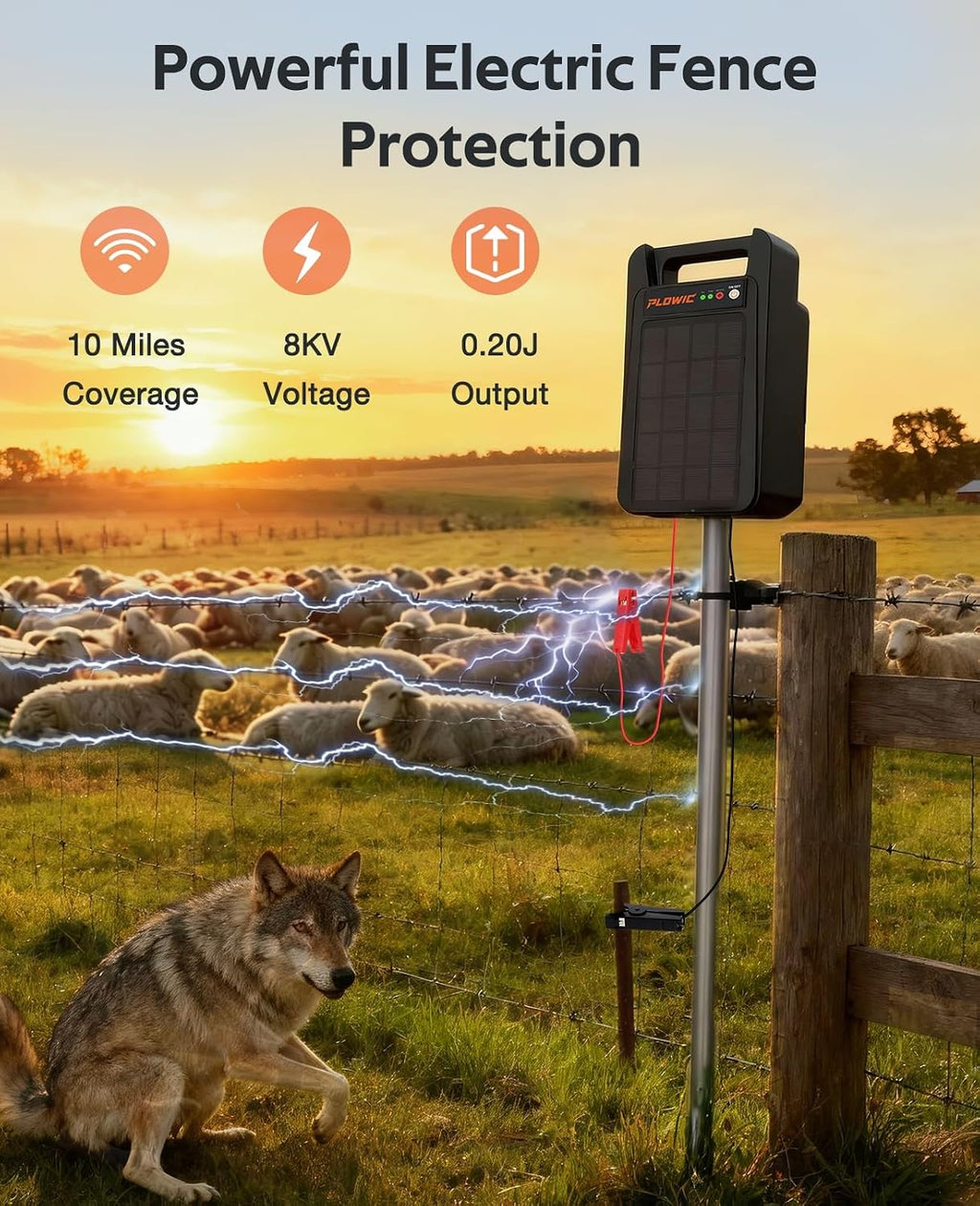 Solar Electric Fence Charger 10 Miles, 0.20J Solar Powered Fence Energizer with Rechargeable 10400mAh Battery