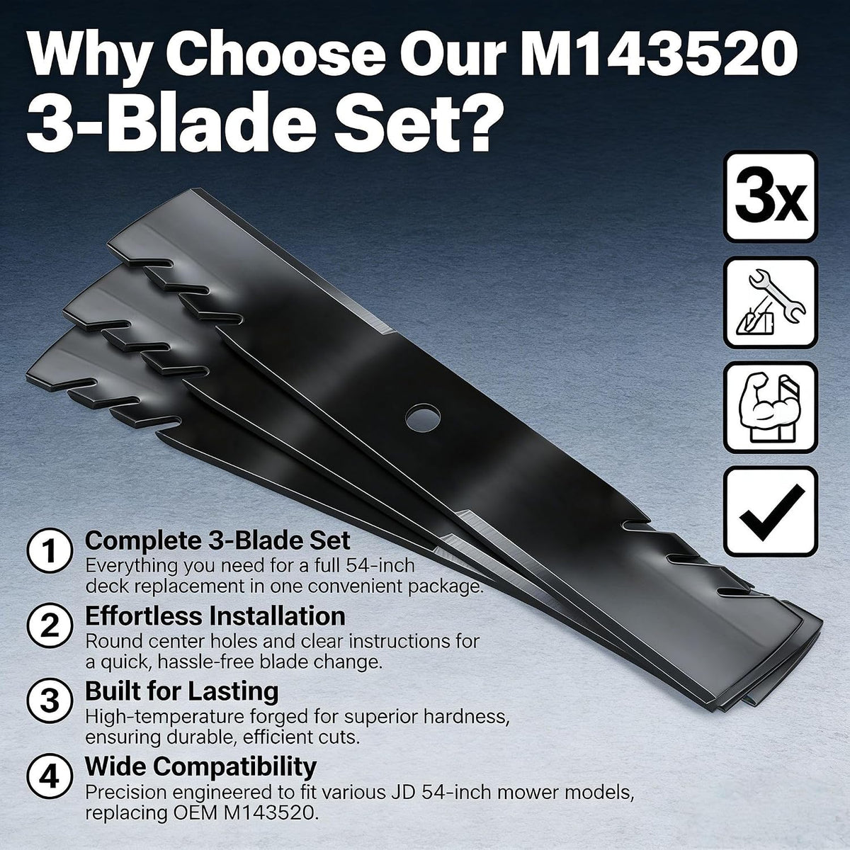 M143520 Blade Fits JD 19IN B1PD1054 M143520 3-Blade Set for 54inch Lawn Tractor Replaces Z445 Z425 Z435 LX280 X340 X380, 3 Pack