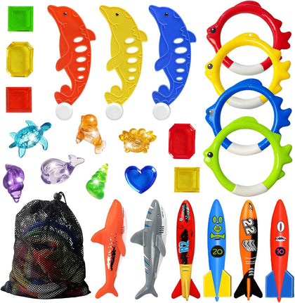 Pool Diving Toys Games - 25PCS Swimming Pool Toys with Dive Sticks and Rings Underwater Treasures Torpedo Bandits