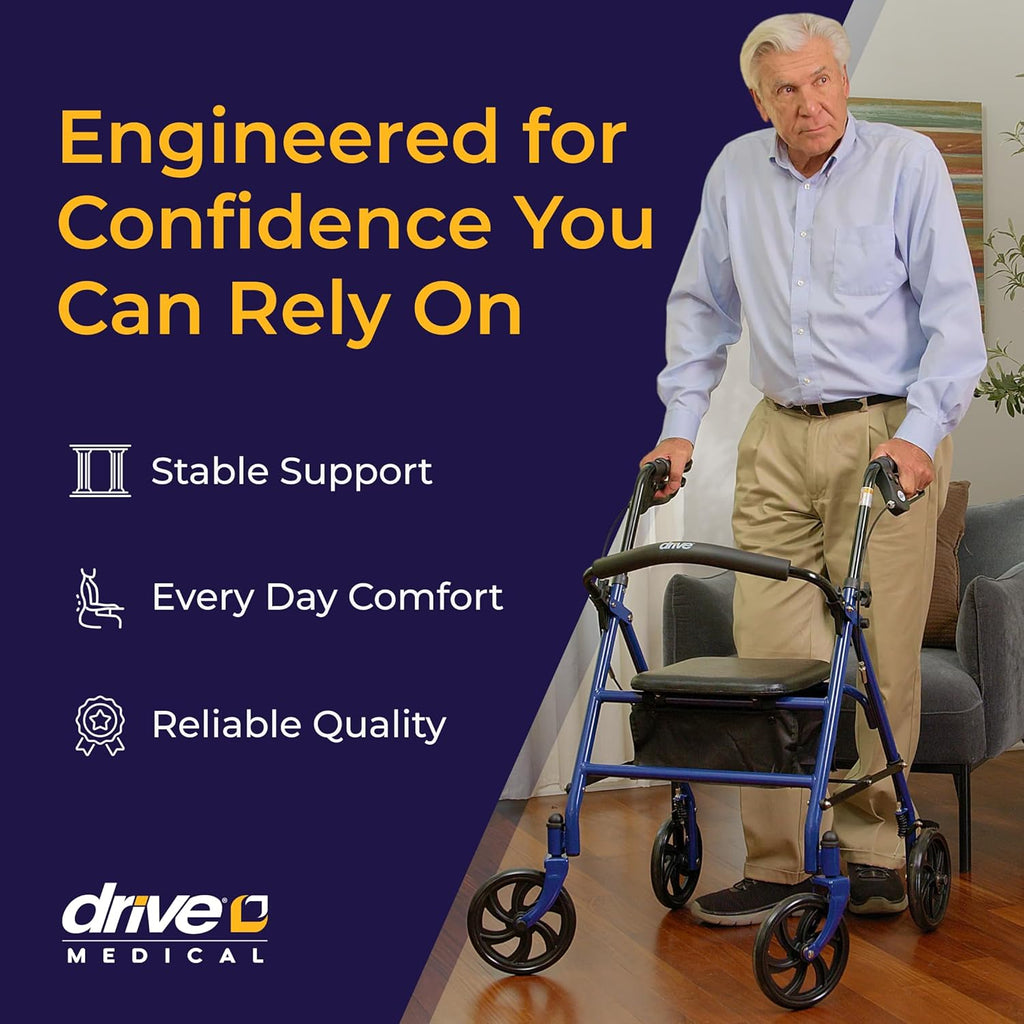 Rollator Walker with Seat - Stable Mobility Support - Height Adjustable - Durable Steel Frame Construction - Smooth