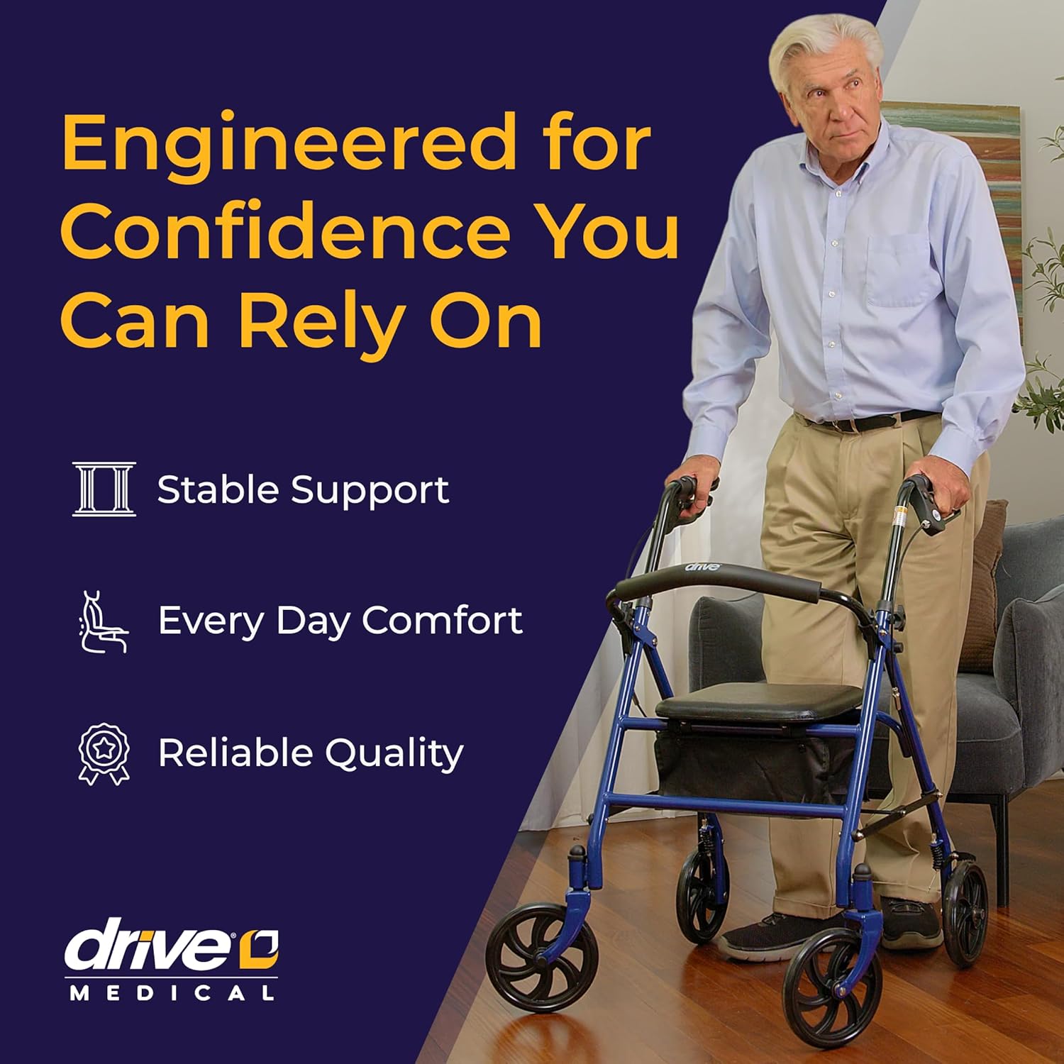 Rollator Walker with Seat - Stable Mobility Support - Height Adjustable - Durable Steel Frame Construction - Smooth