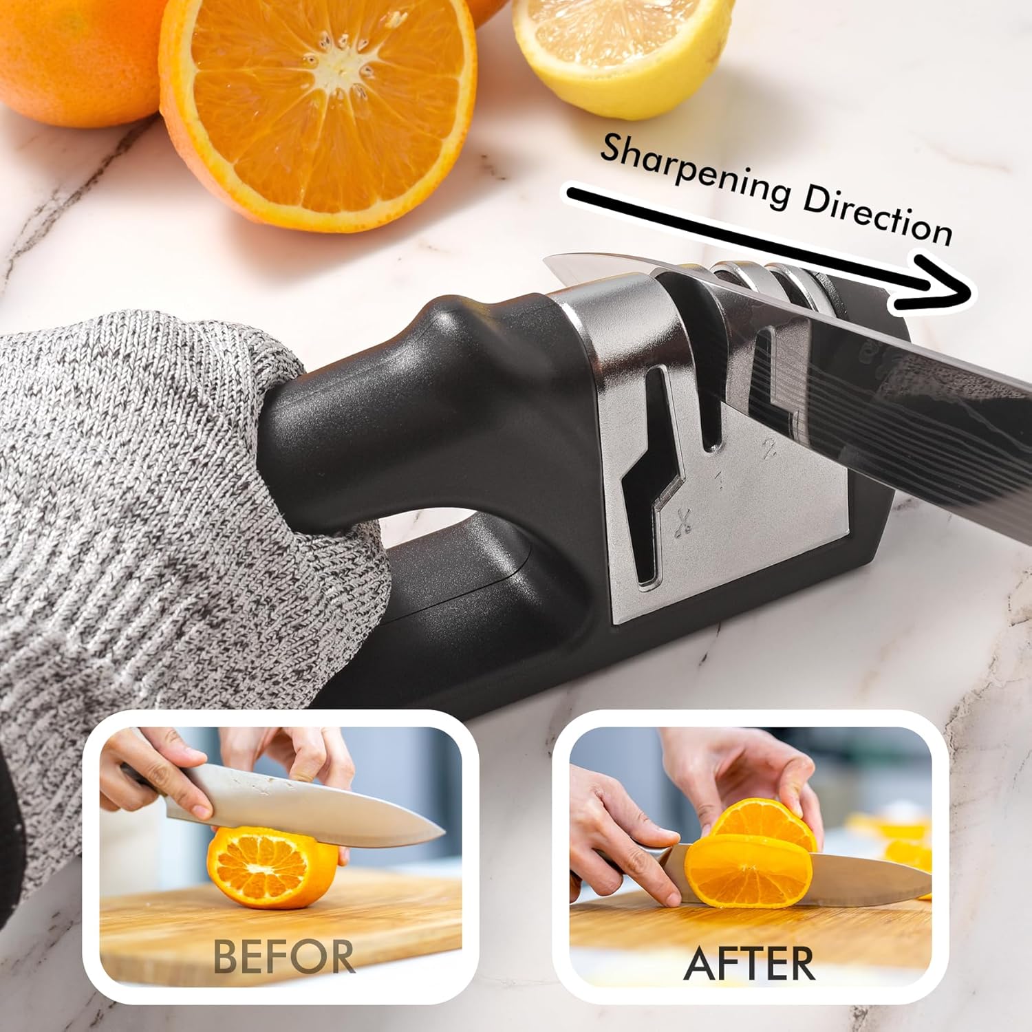 4in1 Knife Sharpener, 3 Stage Manual Sharpener for Sharpening Kitchen Knives 1 Stage for Scissors- Ceramic Stone