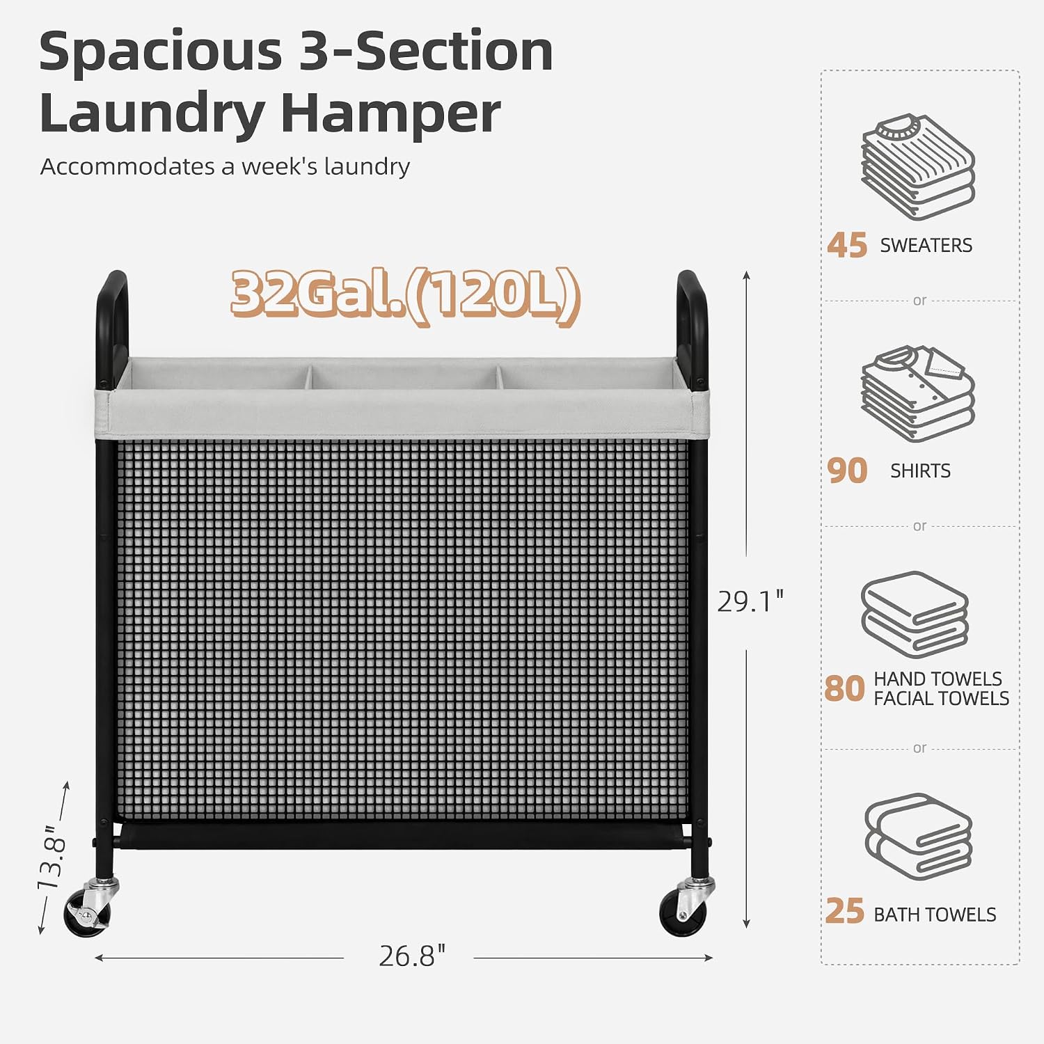 Rolling Laundry Hamper with Wheels 3-Section Laundry Sorter Rolling Laundrys Basket on Wheels with Removable Bag