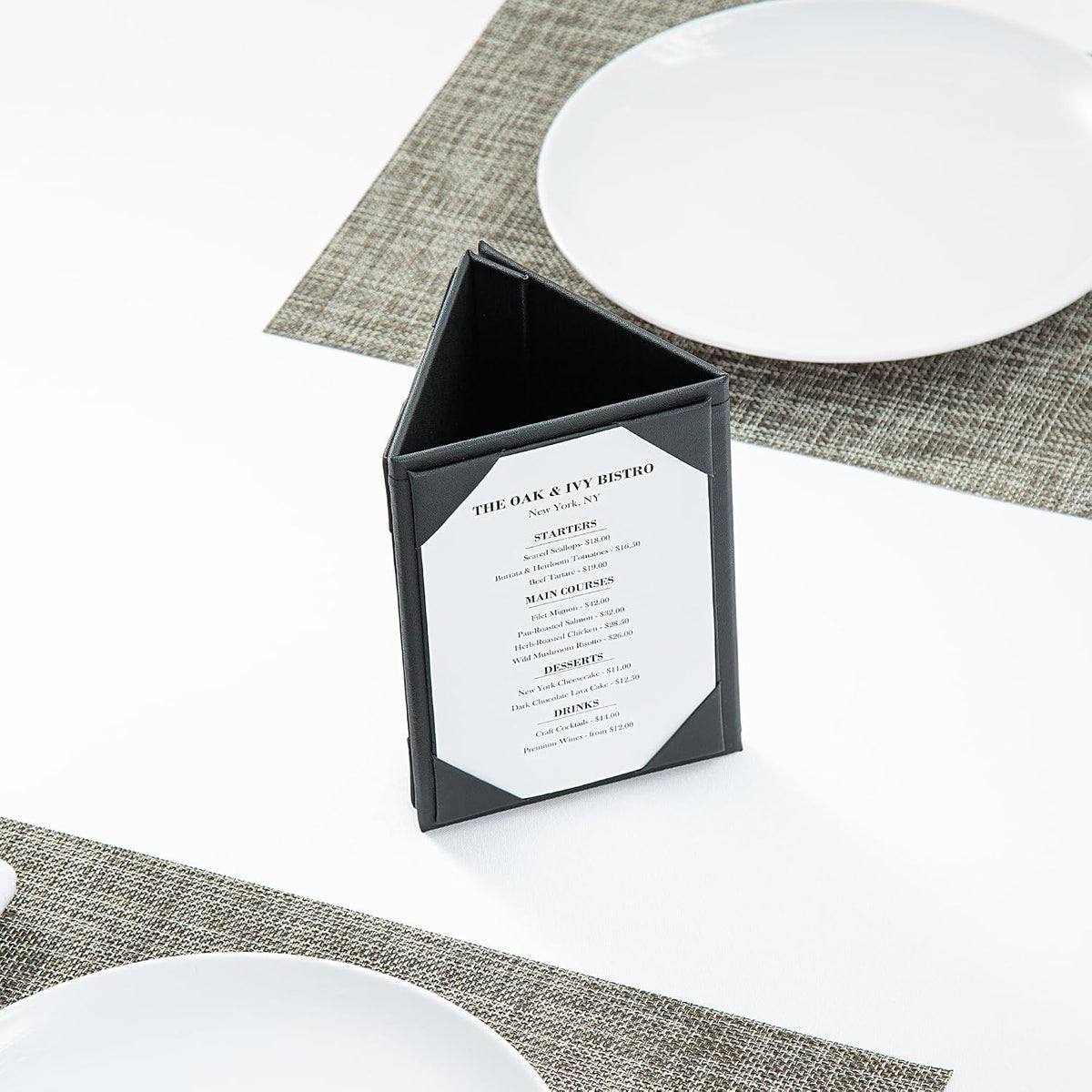 4 x 6 in Black Triangular Menu Table Tents, 3-View, 12 Count