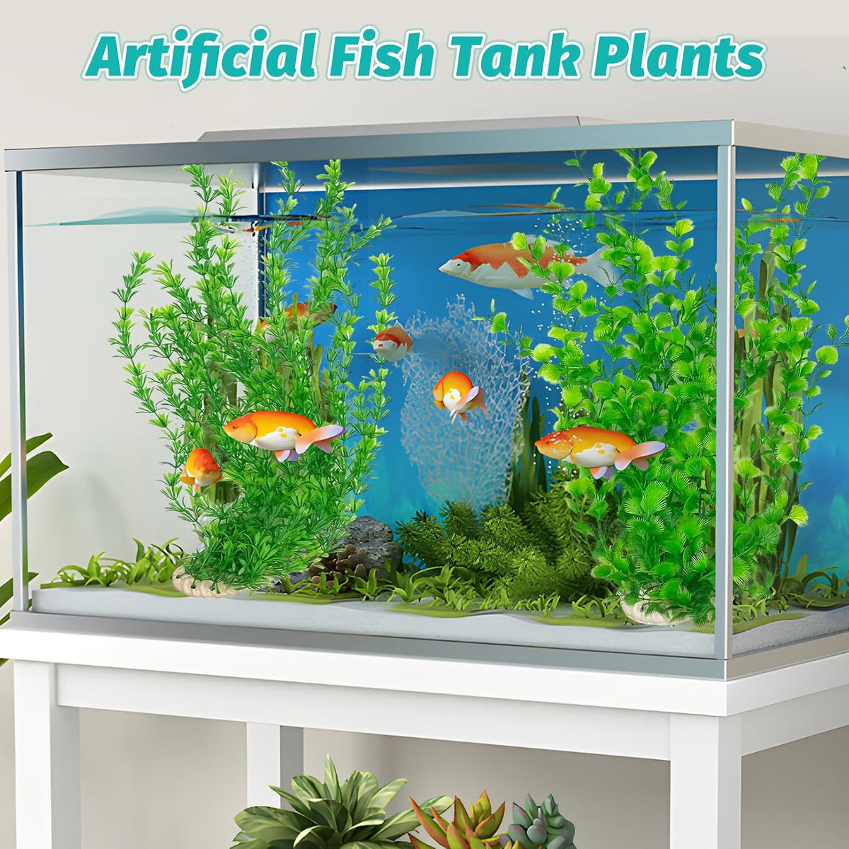 23" Tall Aquarium Plastic Plants - 2 Pack Soft Fish Tank Decor, Artificial Green Grass Cluster for Aquariums, Safe