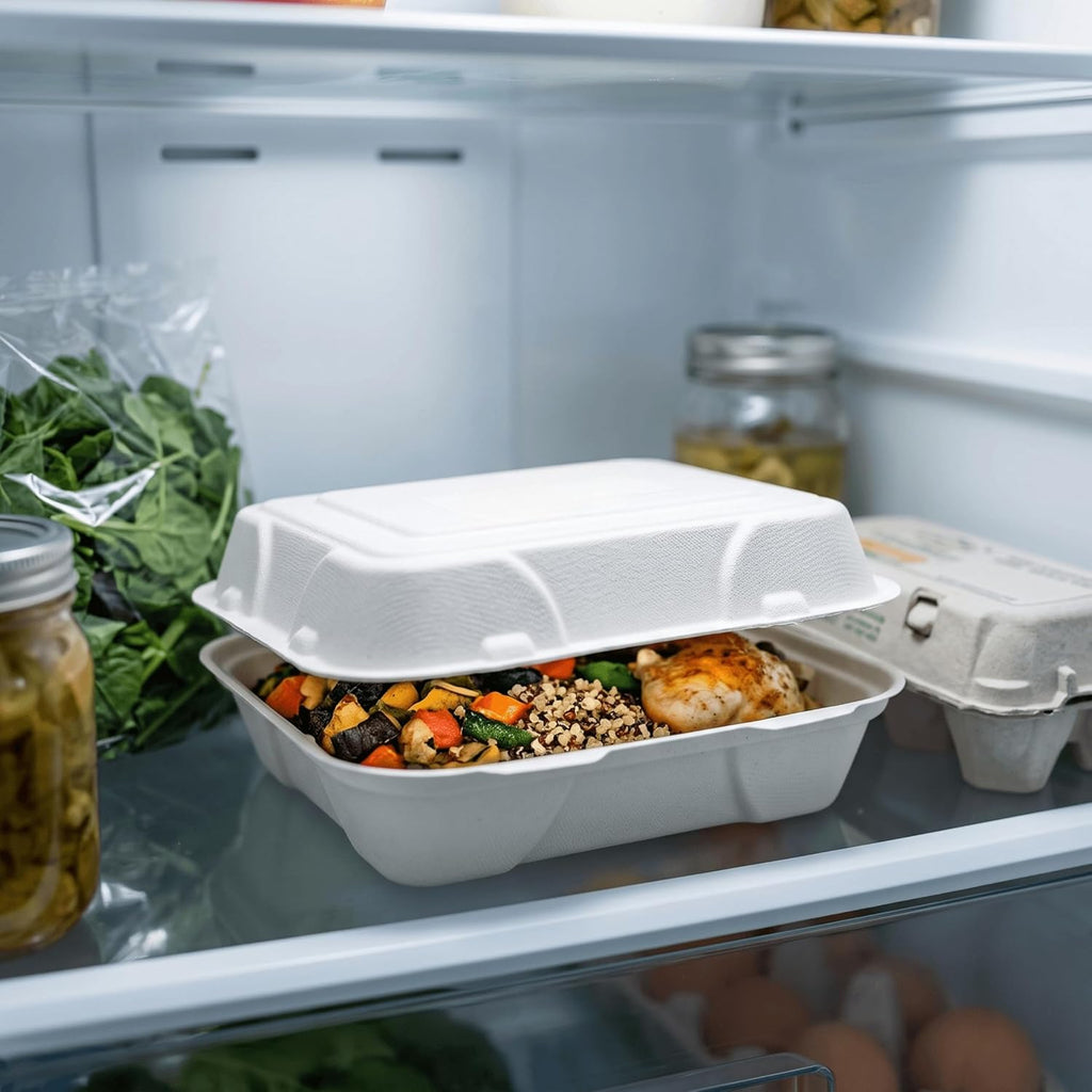 9x6 Compostable Take Out Containers with Lids, 25 Pack - Hinged Clamshell to Go Boxes, Heavy Duty Sugarcane Bagasse