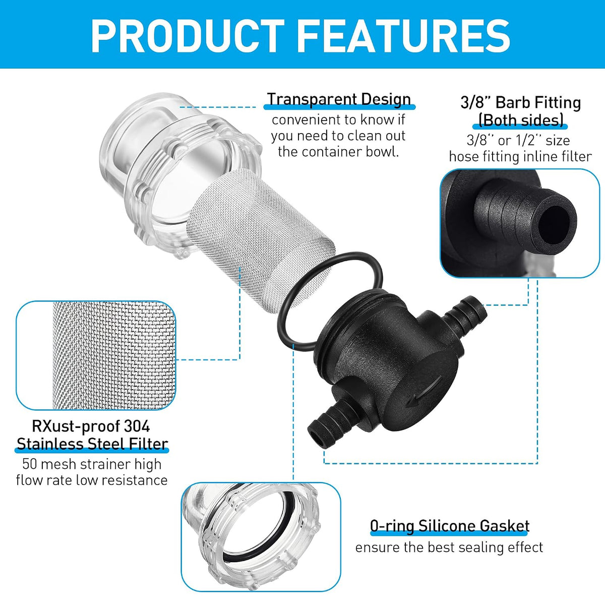 2 Pieces Water Pump Strainer 3/8 ID Hose Barb with Mesh Filter Screen