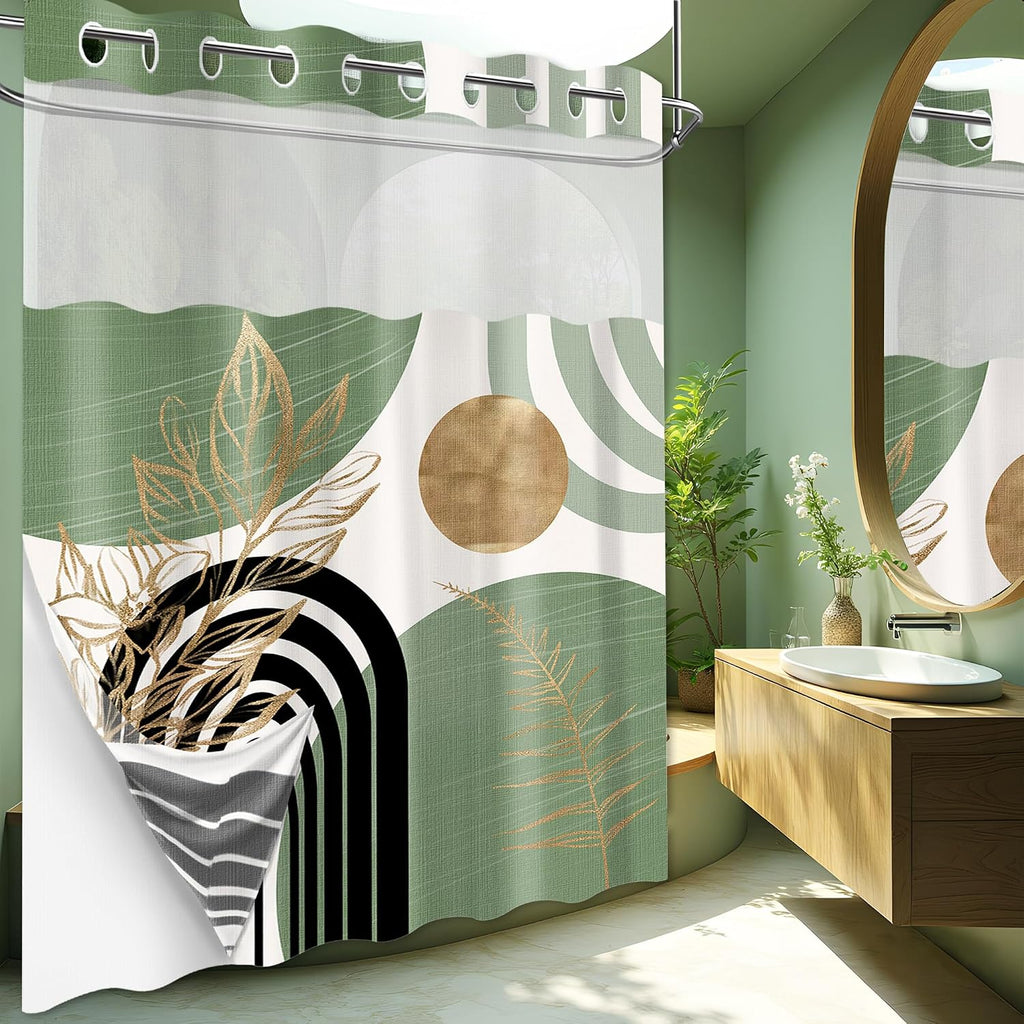 Sage Green Hookless Shower Curtain with Snap in Liner, Boho Mid Century Black and Light Green No Hook Double Layer
