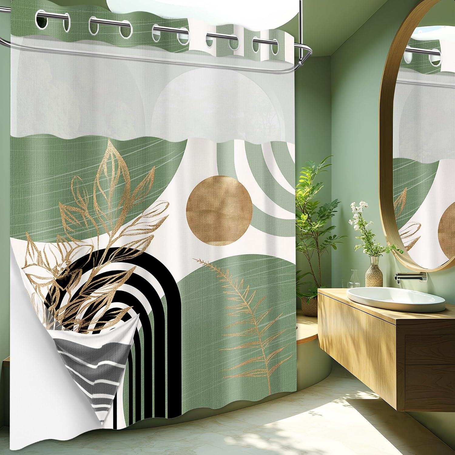 Sage Green Hookless Shower Curtain with Snap in Liner, Boho Mid Century Black and Light Green No Hook Double Layer