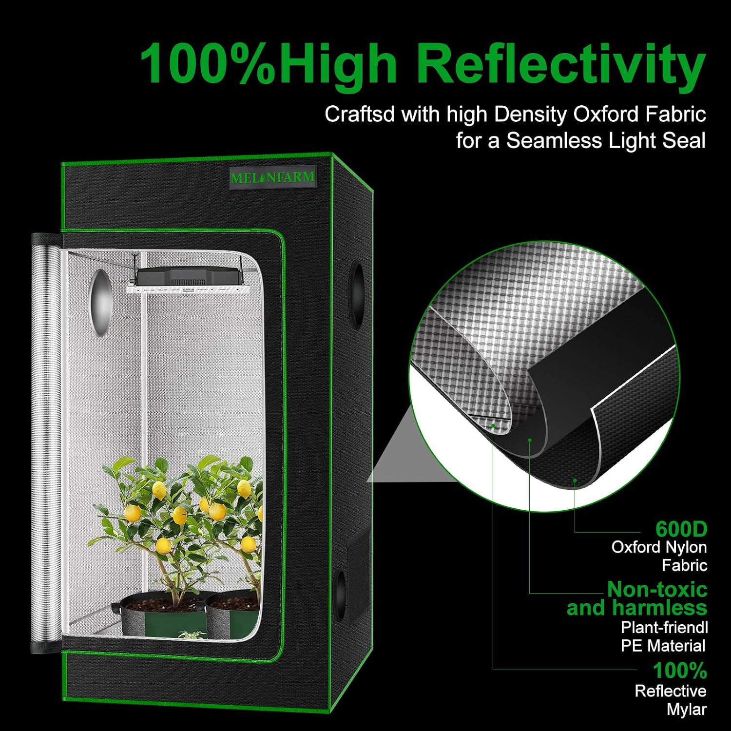 2x2 Grow Tent, 24"x24"x36'' High Reflective 600D Diamond Mylar Canvas with Observation Window and Floor Tray for